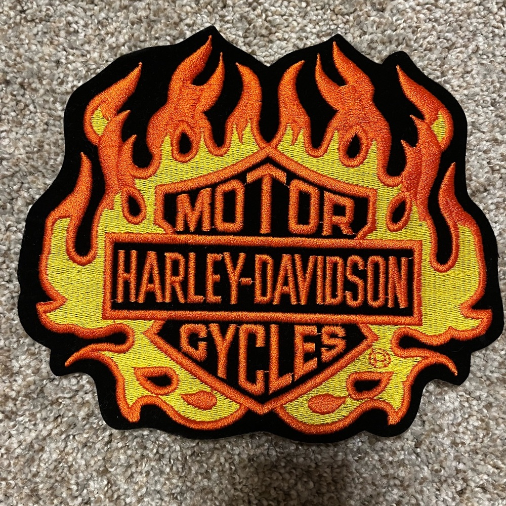 Harley-Davidson Black and Orange Flame Emblem, Bar and shield, never used
